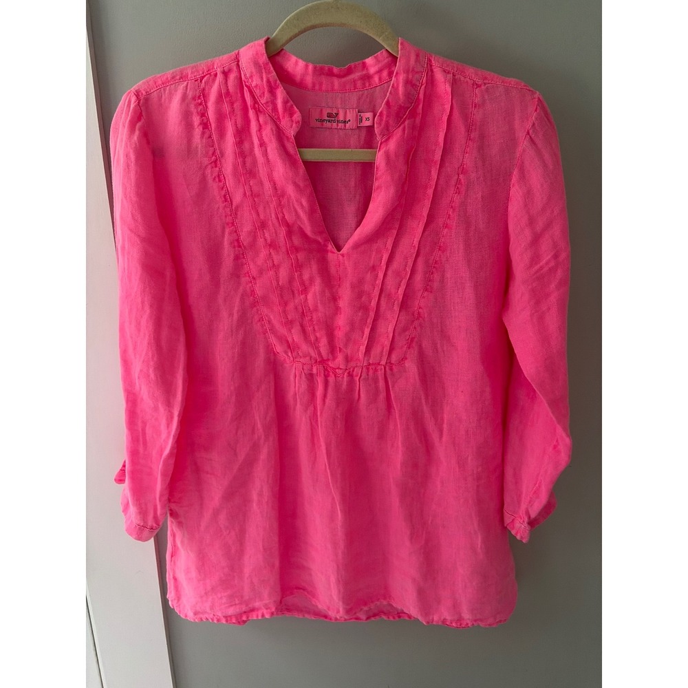 Vineyard Vines Neon Pink 100% Linen V-Neck Tunic Top Women's XS